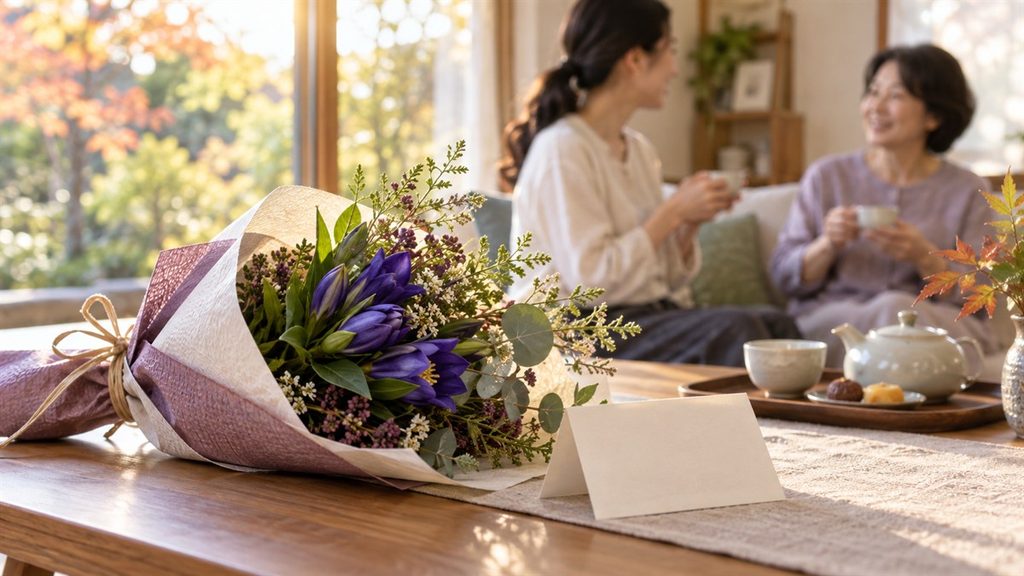 リンドウの花束と、秋の室内で会話を楽しむ家族