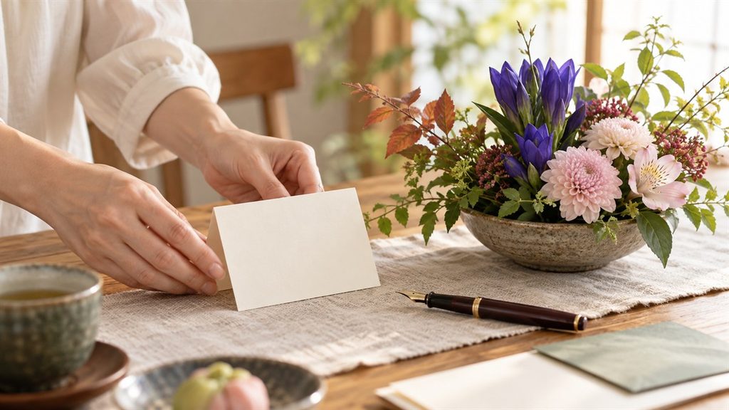敬老の日のメッセージカードと秋の花のアレンジメント
