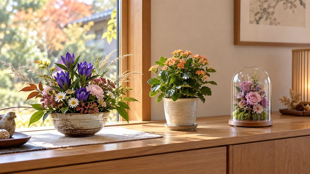 アレンジメント、鉢植え、プリザーブドフラワーを飾った秋の室内