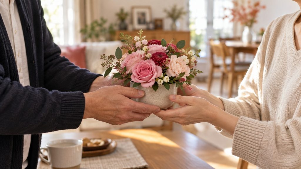 夫婦が花のアレンジメントを手渡す、あたたかな自宅でのひととき