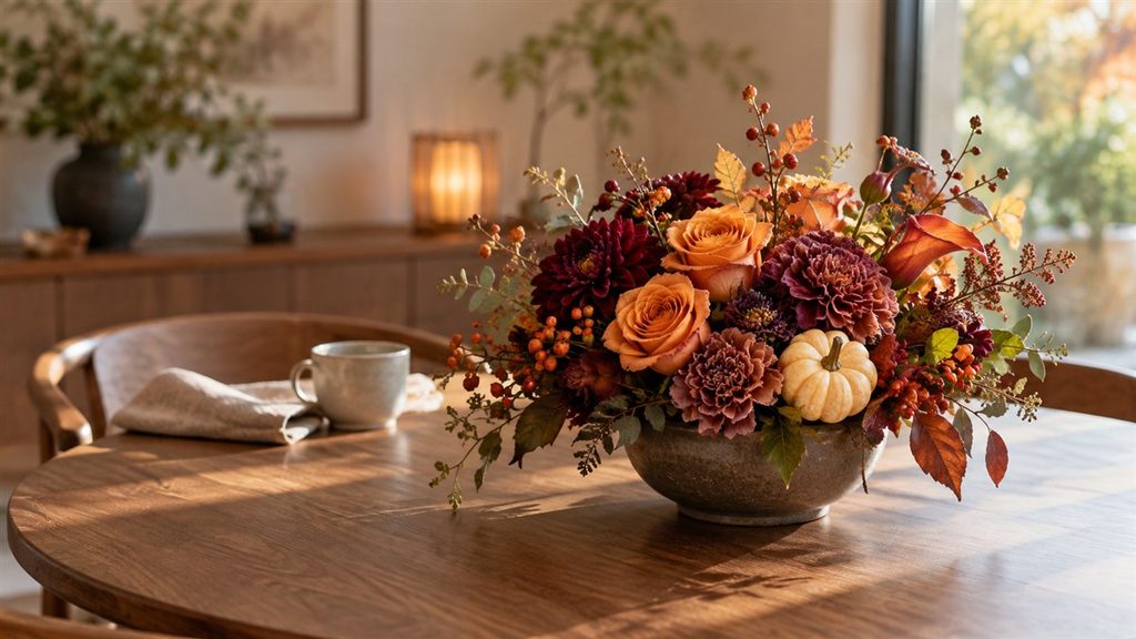 オレンジとボルドーの花を使った、テーブルに飾る秋のフラワーアレンジメント