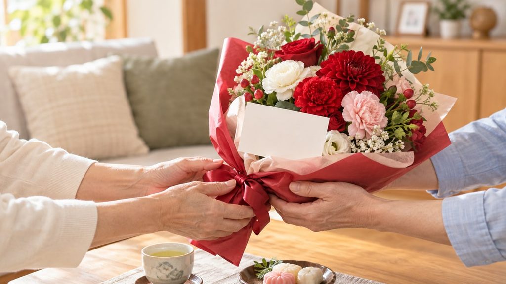 赤と白の花束とメッセージカードを手渡す、還暦祝いのあたたかな場面