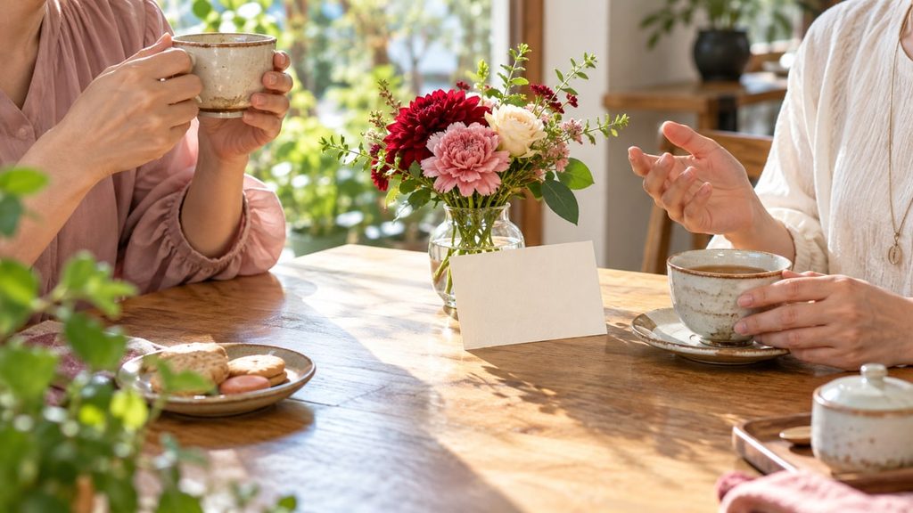 花とメッセージカードを添え、友人同士でお茶を楽しむテーブル