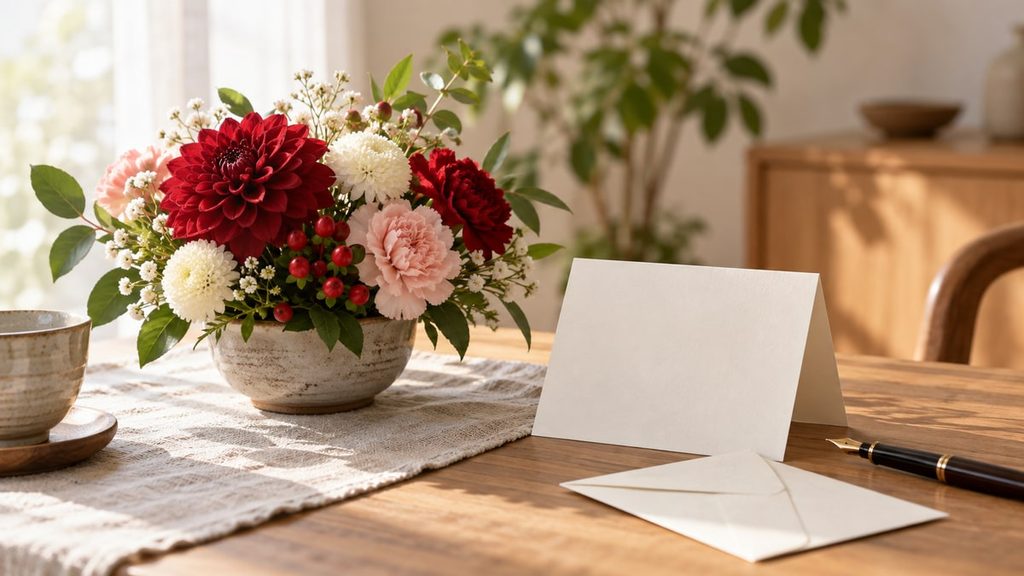 赤とピンクの花、白いメッセージカード、封筒を添えたあたたかなテーブル