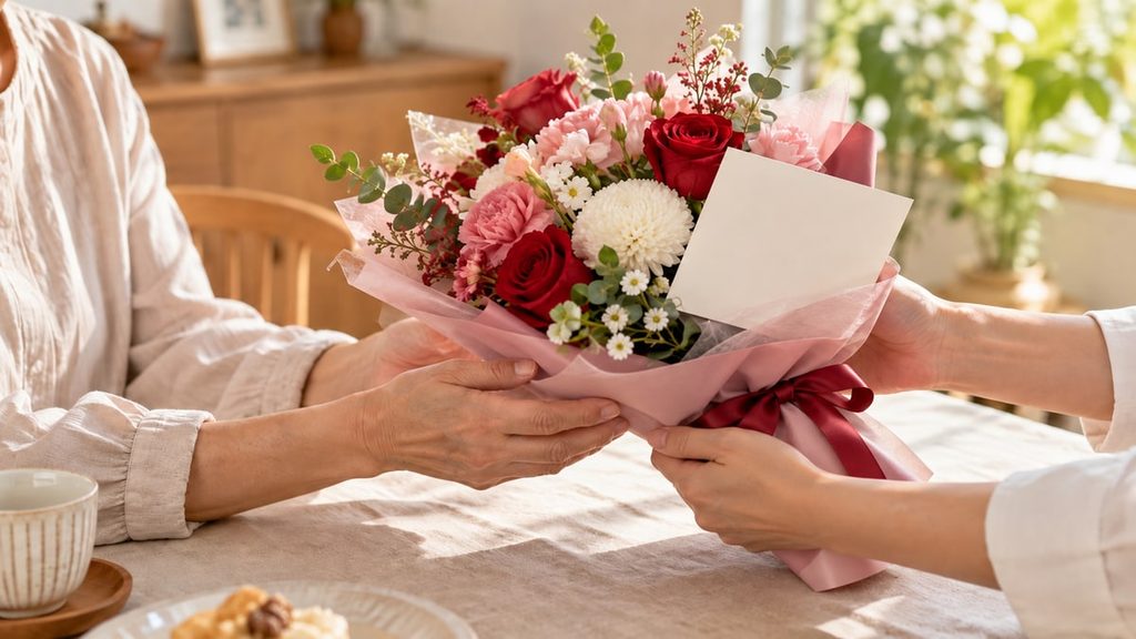 赤とピンクの花束、白いメッセージカードを手渡す、母への還暦祝いの場面