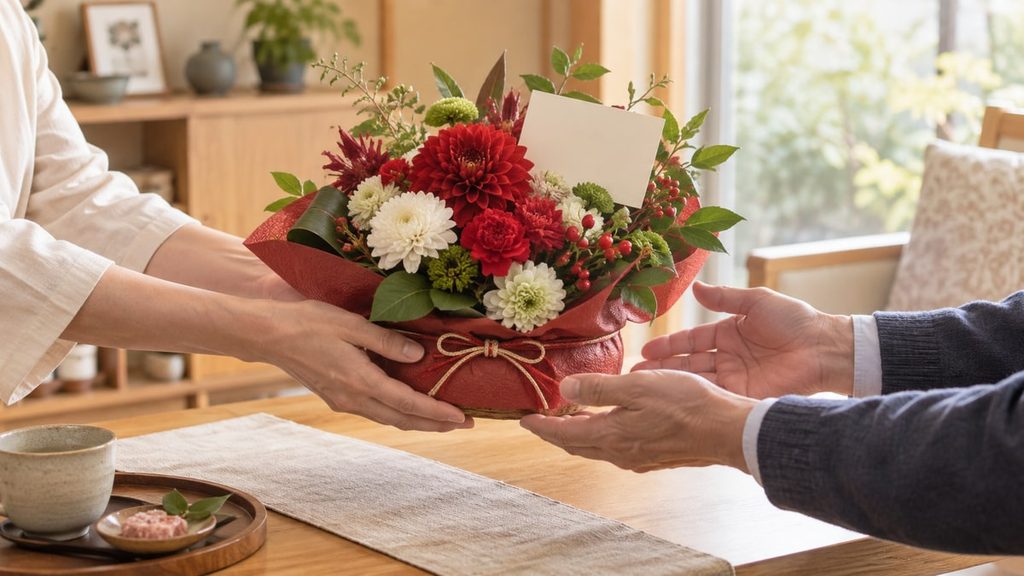 赤と白の花をあしらったアレンジメントとメッセージカードを手渡す、義父母への還暦祝いの場面
