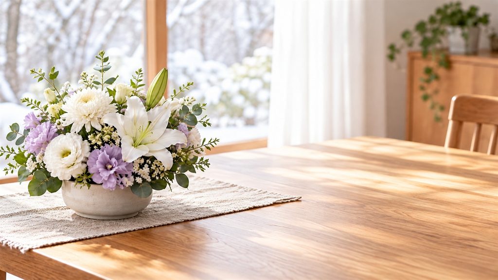 白と淡い紫の花を陶器の花器に生け、木のテーブル左側に飾った室内の情景